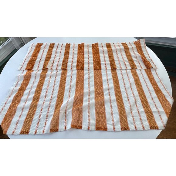 Vintage 70s curtain, pumpkin orange & white stripes, ruffled top, mesh net panel - Picture 3 of 8